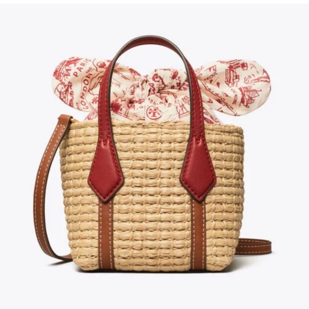 Tory Burch Red Natural Perry Straw Nano Convertible Crossbody Bag